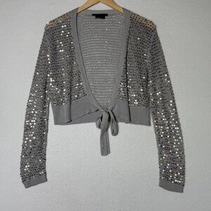 BCBGMAXAZRIA Silver Sequin Silk Knit Tie Front Cropped Cardigan Womens Size L